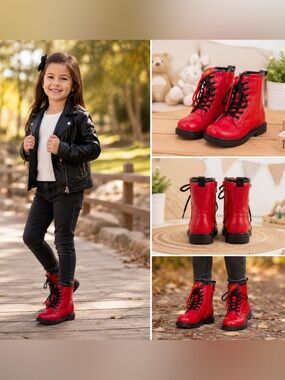 Red Lace-Up Kids Combat Boots Size: 10